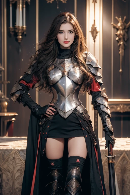 tmasterpiece，A high resolution,Absolutely beautiful，a mature female，Fine and detailed eyes and detailed face，Tall and tall，She wears metal armor，Armored pants，Armor booties，Over-the-knee stockings，Show off the look of booties and stockings、Shogun， allure：（Tall：1.4），haughty，Mature temperament，Ruby eyes，Apply blood-red lipstick to your lips，Wide buttock（big assa：1.4），（Thick thighs：1.4），Majesty，Rich scene detail，In the midst of the war，are standing，actionpose,