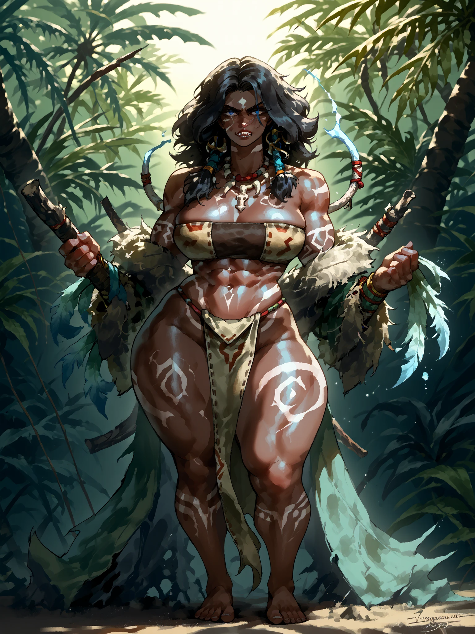 high quality, 1 girl, original tribal warrior girl, dark brown skin, extremely curvy and muscular body, large breasts, wide hips, thick thighs, full body tribal tattoos, long black dreadlocks, glowing icy blue eyes, calm and disdainful expression, half-lidded gaze, neutral lips, confident and dominant posture, tropical jungle background, dappled sunlight through palm leaves, bone necklace with sharp teeth, tight leather top, minimalist loincloth, subtle pubic hair visible above cloth, soft glowing skin, visible body markings, stylized anatomy, smooth shading, clean lines, soft highlights, anime-inspired semi-realistic style, tribal elegance, powerful yet composed, primal and majestic presence, cinematic lighting, stylized semi-cartoon aesthetic, sensual and commanding aura