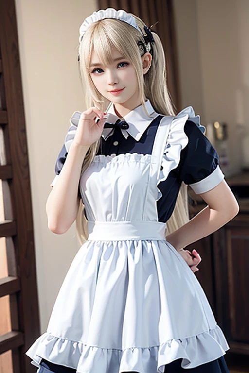whole body、mini skirt、Beautiful maid、blonde twintails、indoor