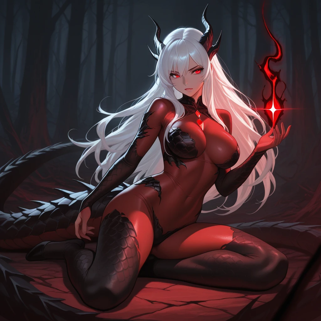 Female vampire, sucubus, queen, full body, pale white skin, white folded wings, horns, red aura, red eyes, hanya horns, battle god, tatooed thigh, nude top, body runes, tail, strong arms