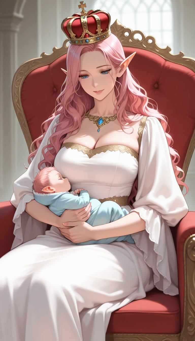 Purple haired woman, with black horns, lavender skin, fuchsia pink eyes (medieval style queen clothes and shiny crown), elegant pose, looking at camera, sitting on elegant chair, holding male human baby on a year, purple hair, RAF blue eyes, hugging his mother, detailed, daytime, sun rays, ultra detailed photography, 4k quality lighting, high resolution, masterpiece, anime style.