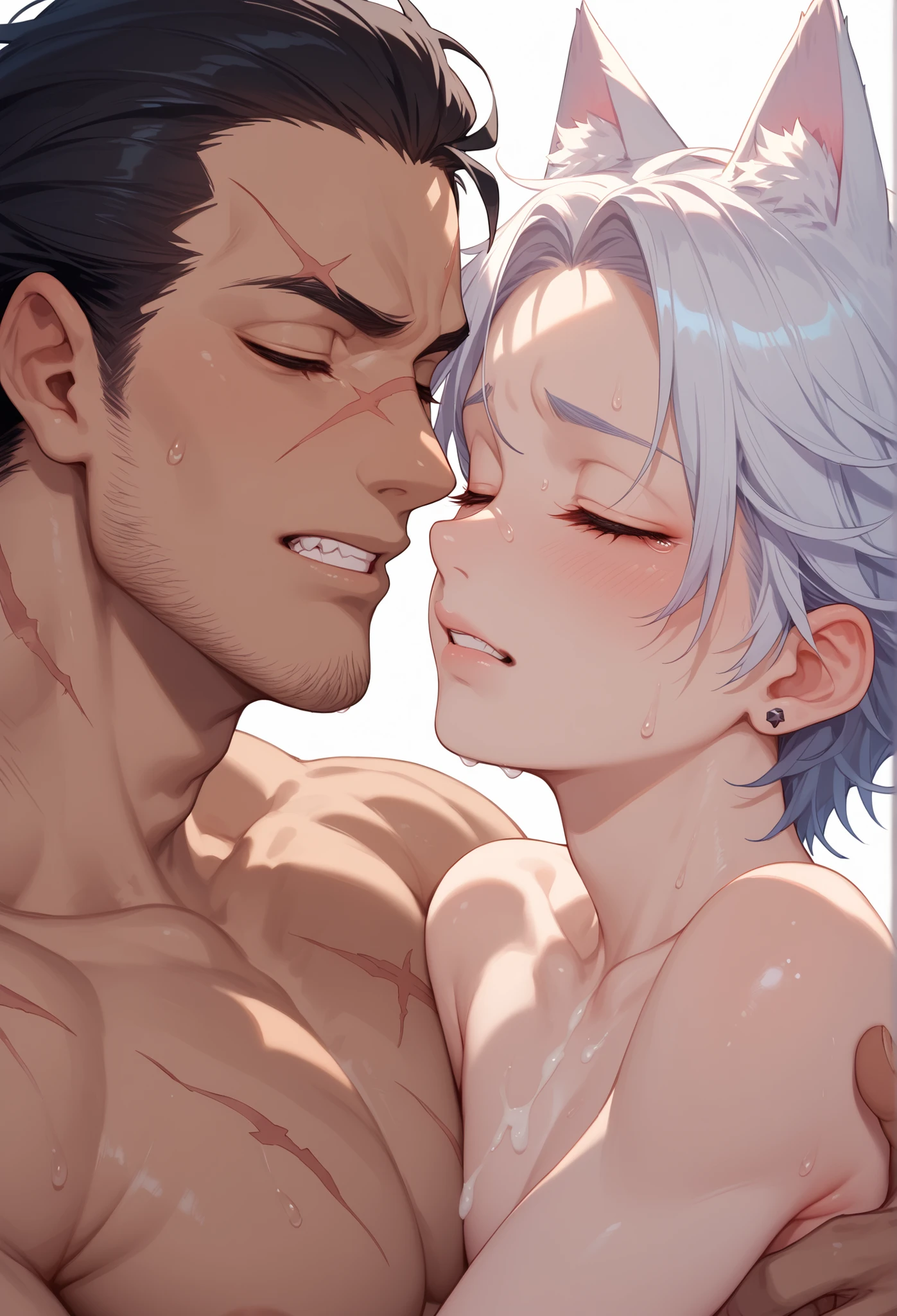big, tall, muscular, solo, six packs, black wolf ears, body drenched in sweat, ejaculating, eyes closed, sweetly, 2 hands place in the nape of the neck, showing armpits, tattoo, short black hair is sitting on the wooden chair, nude, scars, cum, dark skin, cum, look straight a head, painful, angry
