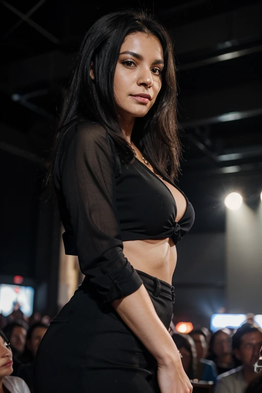 you are Isabella Lombardi ,adriana lima face, blue eyes,black hair ,make it 4k, uhd, realistic, backlighting,cinematic lighting, firts person view, masterpiece, super detaail, high details, nikond850 24,she approaches the camera at a fashion show, she is dressed appropriately as a model, she looks brutal