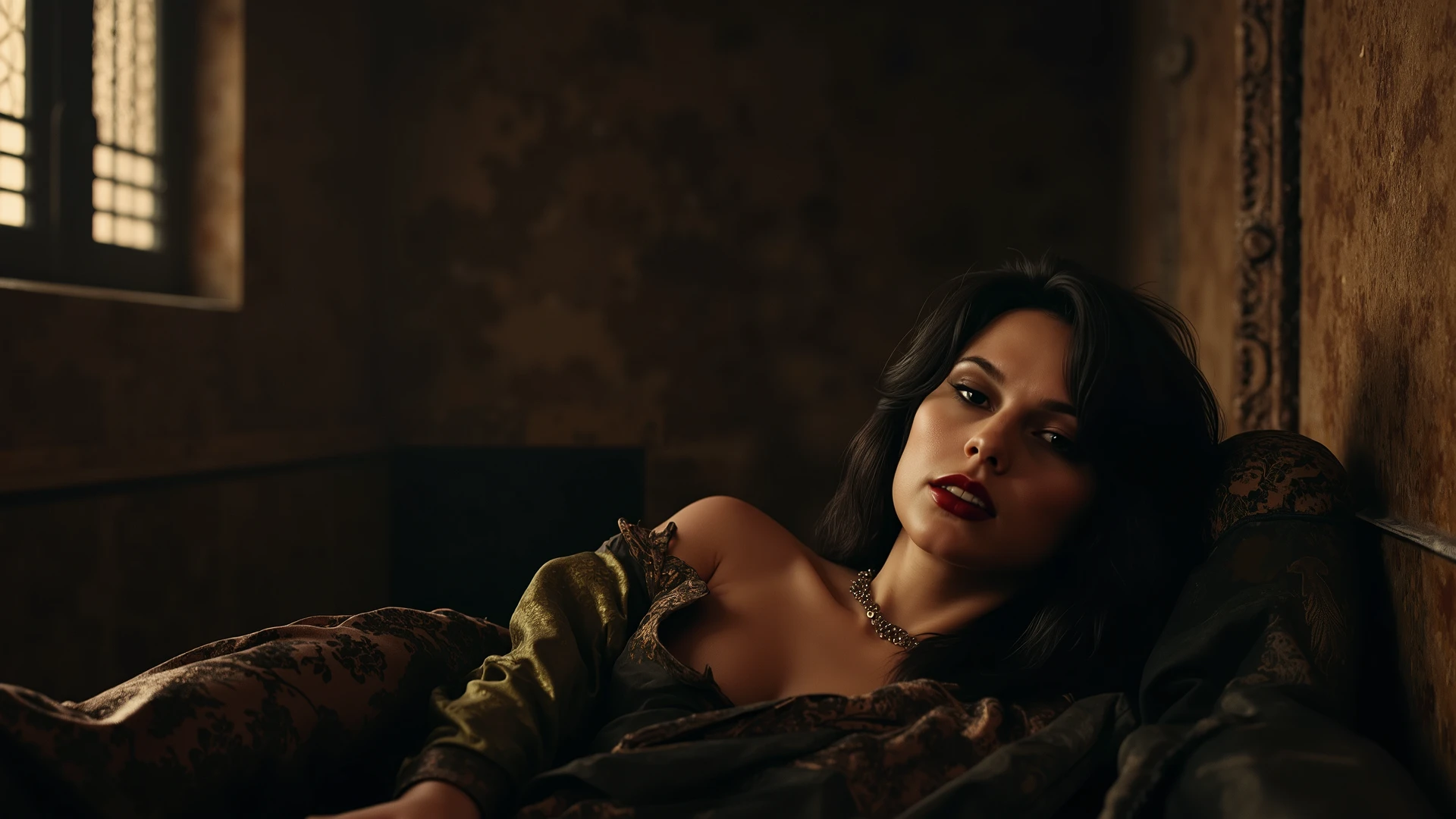 Elegant vampire, gorgeously dressed in a traditional black shirt, with elaborate fabric pleats on his chest and cuffs, and an ancestral ruby necklace on his bare chest, bloom, ((cold light)), sharp focus, photo realistic, detailed skin, background out of focus, cinematic composition , ultra-detailed, realistic , hyper-realistic , volumetric lighting, 8k, trending on artstation