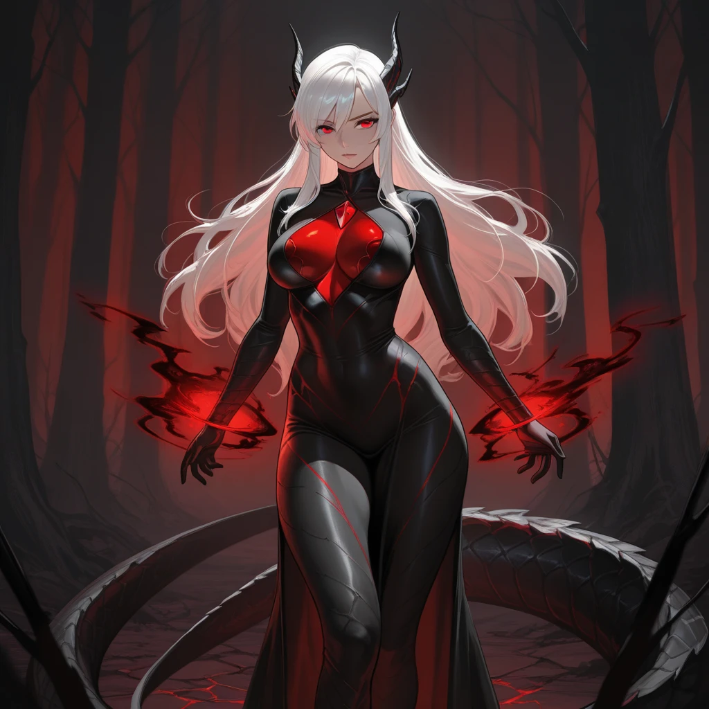anime character with red and white hair and a red cape, djinn woman female demon, female djinn woman demon hybrid, an epic anime of a energy woman, full body devil woman, demon female, demon hero, human female demon, emitting evil red aura, fire!! full body, full body savage devilwoman, woman female demon, demon girl, pain from naruto