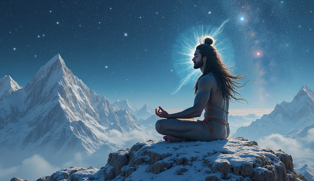 Spiritual yogi having long hair and beard enlightenment with kundali mascular powerful third eye , look like shiv the gid of yoga and destroyer meditating in the universe