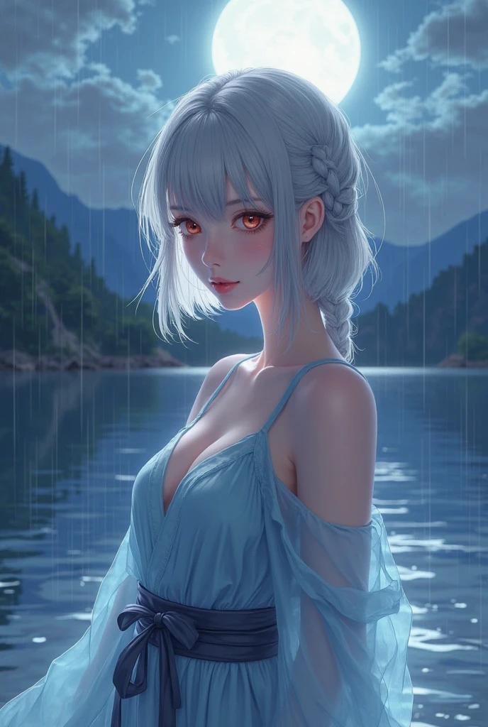 A serene scene of a woman bathing in a white robe, (far away), ((Hyper realistic:1.2)), ((early morning, foggy)), ultra detailed, realistic, 8k, (((sfw:1.4)))