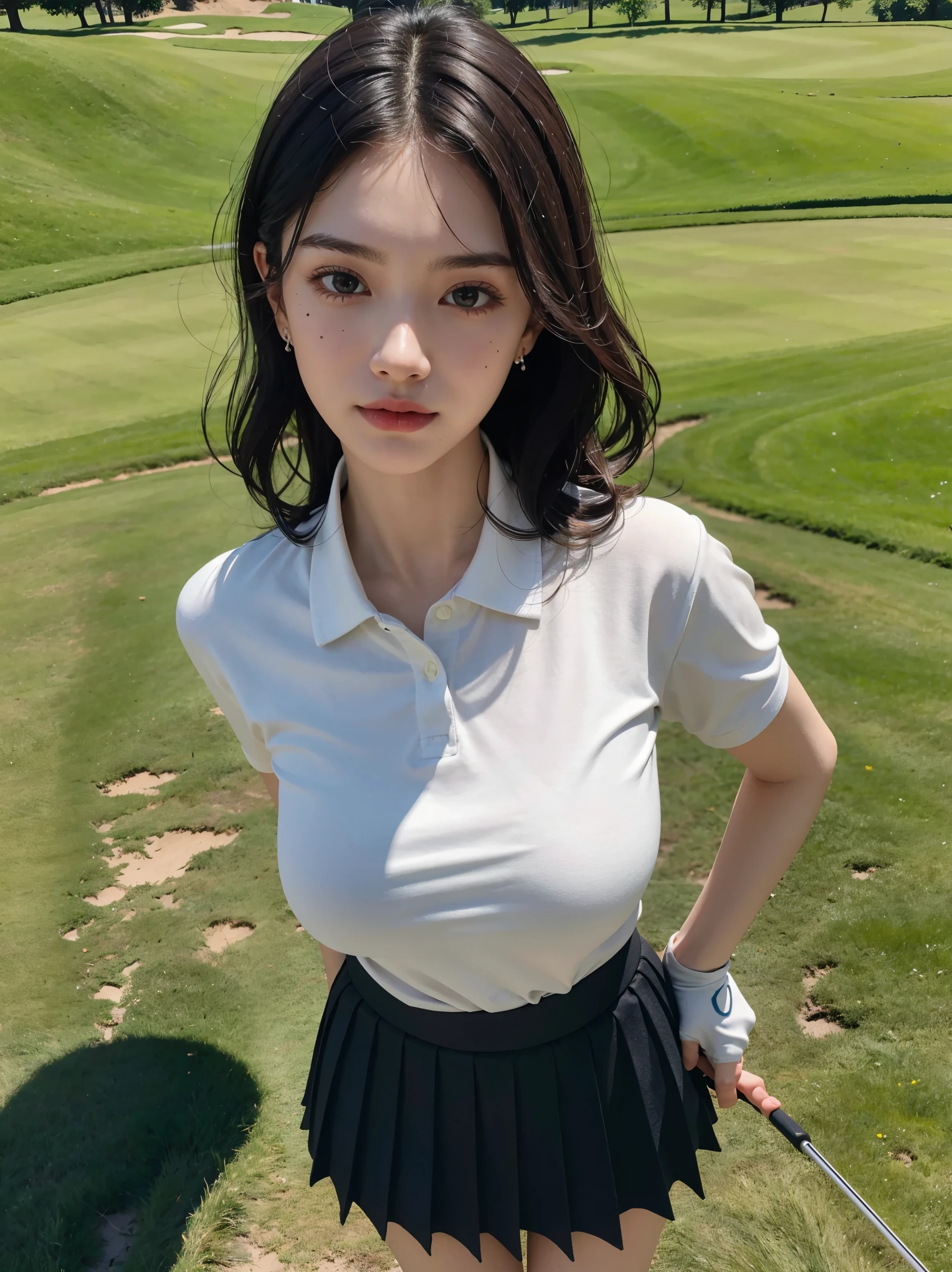 absurdres, RAW photo, extremely delicate and beautiful, masterpiece, Best Quality, ultra high resolution, 32k, hyperrealistic, ultra-detailed, perfect anatomy, perfect figure, super Detailed skin, 20 years old, very Slim body, narrow waist, very small head, very small face, delicate facial features, tearful mole, earring, thin legs, ((very huge round breasts)), ((full body shot)), ((alone)), short medium hair, ((wavy hair)), (((golf uniform))), (shorts),