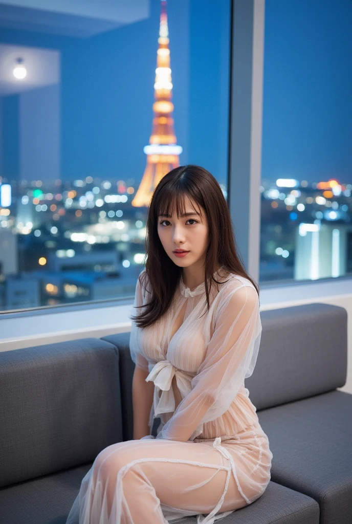 ((top-quality、8K、masterpiece:1.3)), Beautuful Women:1.3、(brown long-haired、Colossal tits:1.4),White bathrobe, Beautiful face,drooping eyes,Double eyelids、thin lips,Looking at Viewer, Premium Hotel 、Neon building night view、Large windows, masutepiece, extremely fine and beautiful,Photorealistic,Upper Body