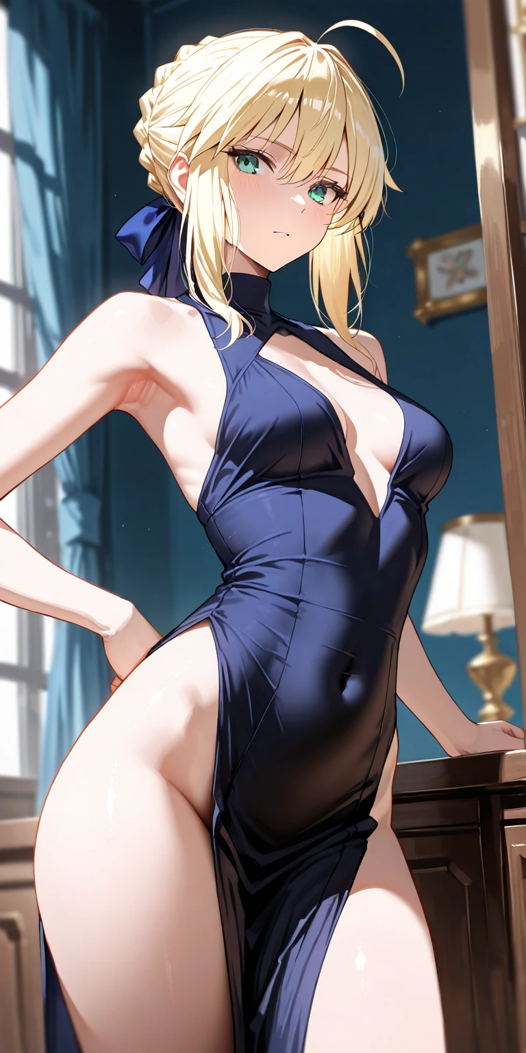 NSFW、artoria、Saber Altria、rich Boobs、Colossal tits、Chignonhair、a blond、Green eyes,adult lady、a matural female、(masutepiece、of the highest quality、Best Quality)、reallistic、Smile embarrassedly、Sexy leotard、Revue swimwear、Swimwear with less fabric、Navel costume、neck tie、Sleeveless、Erotic body shape、
