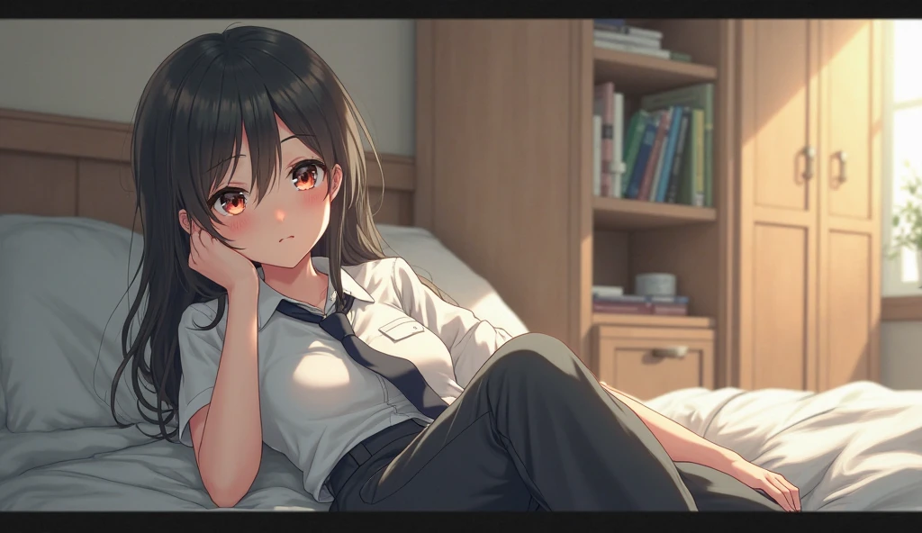 The girl (realistic face, angry expression) is sitting in the room (there is a TV, bed, chair) and there is a girl friend (real face, happy expression) they are both sitting next to each other.