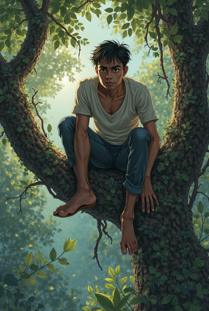 painting of a naked man sitting on a tree branch, concept art of single boy, inspired by Nassos Daphnis, rotoscoped, inspired by Pierre Puvis de Chavannes, inspired by Konstantin Somov, rotoscoping, slender boy with a pale, a digital painting, inspired by Asaf Hanuka, inspired by Rupert Bunny, weird expressionist pose