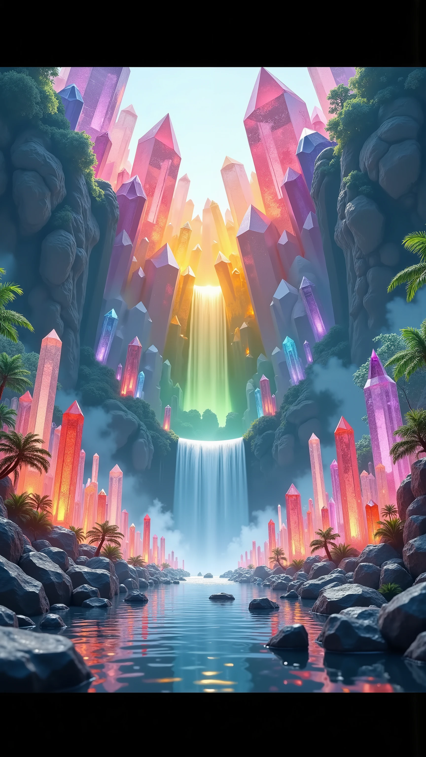 A multicolored quartz crystal cliff that is 300 feet tall made up of gigantic crystal points that make up the face of a cliff in a tropical rainforest. In the middle of these skyscraper sized quartz crystals is an incredible gushing cascading waterfall that pours into a beautiful lagoon that is lined with hundreds of thin tall quartz crystals 20 to 40 feet tall, coming right up out of the water In hues of pink, red, orange, yellow, green, blue, and purple, there are many hundreds of crystals and they are partially see through, i.e. translucent, and radiate color in the bright full sunlight of the day. Breathtakingly beautiful, stunning, Awe Inspiring, An Awesome Site! 8K Octane, Action Painting, Artistic, Cinematic, Cinematography, Conceptual Art, Digital Art, Fujicolor, Hyperdetailed, Hyperrealism, Photorealistic, Portrait Photography, Surrealism, Unreal Engine, Full Focus, Cinematic Lighting, Glowing Light, Reflection Light, Ray Tracing, God Rays, Perspective, Ultra-Wide Angle, UHD, Super Detailed, Best Quality, Detail, Award Winning, Masterpiece