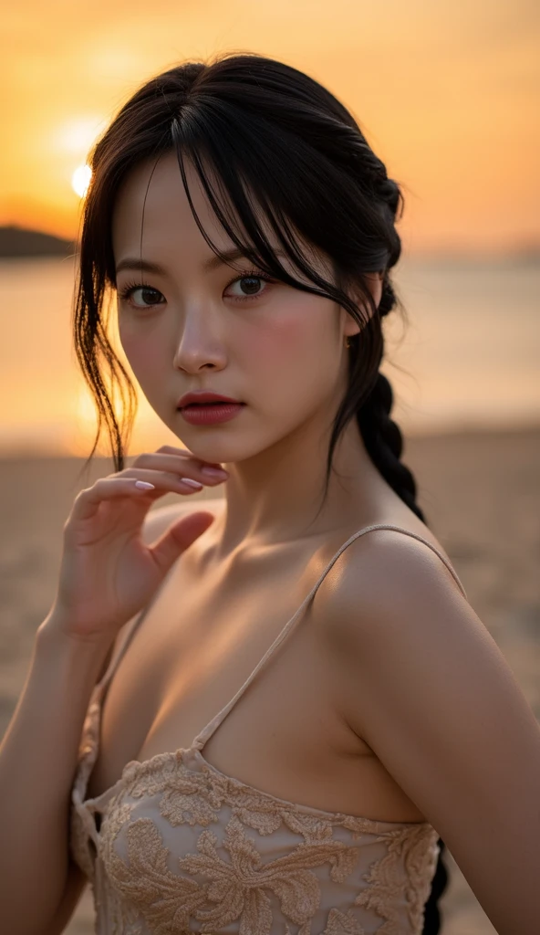 masterpiece、Ultra HD、distinct、RAW UHD format、Detailed skin and eyes、Droopy eyes、A beautiful woman 、Reality Photos、Textured skin、choker、Outdoor Shot、Sunset beach、sitting on the beach、Sunset、darkness