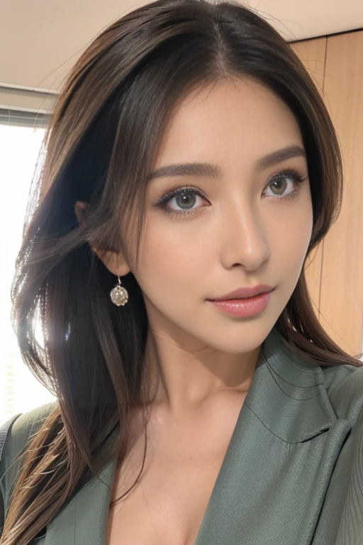 8k, highest quality, masterpiece, Realistic, Photorealistic, Ultra-detailed, Natural light, Large Breasts, I can see her cleavage, 1 person, 35-year-old woman, (Watch the front viewer race), Beautiful Hair, Floating Hair, pendant, Highly detailed face and skin, Detailed eyes, Highly detailed face and skin、Captivating smile

