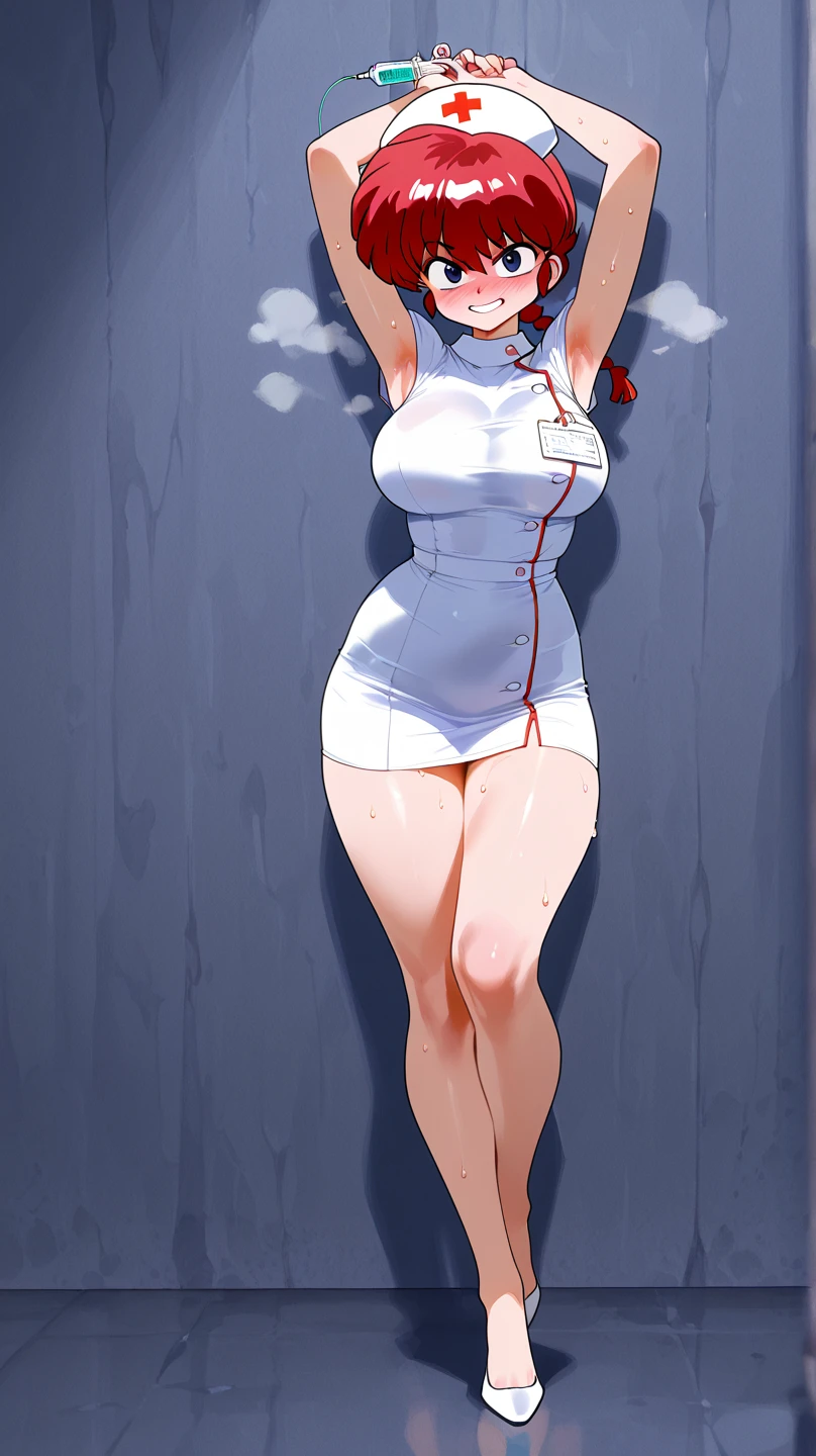 1woman, Nurse, nurse uniform, Nurse Cap, Whiteware, ((White legwear, zettai ryouiki)), White Gloves, red hair, Blue eyes, pink lipsticks, Smile, Standing, sharp outline, Short sleeves, a mature female, 35 year old, Best Quality, masterpiece, infirmary, As chest shows, chest escaping, rain on face, sensuous pose, (Torn clothing、Tattered clothes:1.5), looking at viewer, piercing, full body
