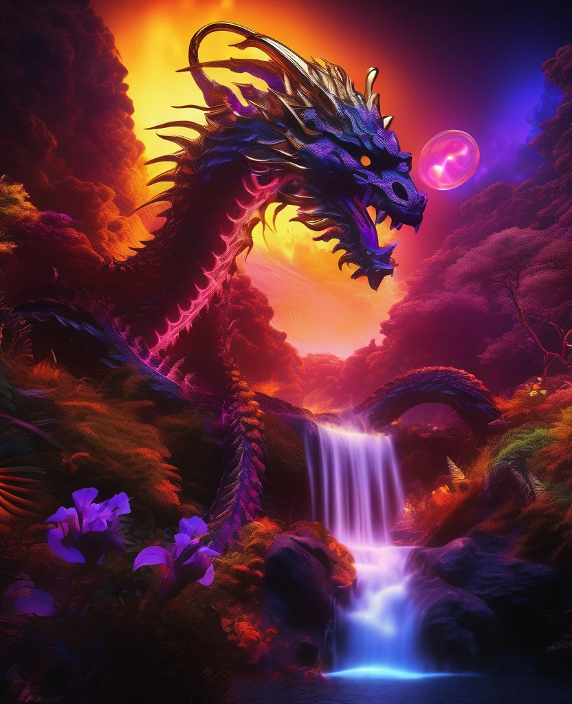The whole body of a giant crystal tree、Wooden Dragon、Dragon-shaped tree、Red sky、Burning flames、the fire、burn、The tree々burning、very detailed and magical lighting、Details of the complex forest、Vegetation and rivers、Solarpunk、landscapes、massive trees、Beautiful blue with beautiful lighting and realistic proportions々with  the、It's like a movie background、8K、top-quality、​masterpiece、Who is on、stars on sky、The one who runs away々、The tree々The cry of、thunder、kaminari、Hell