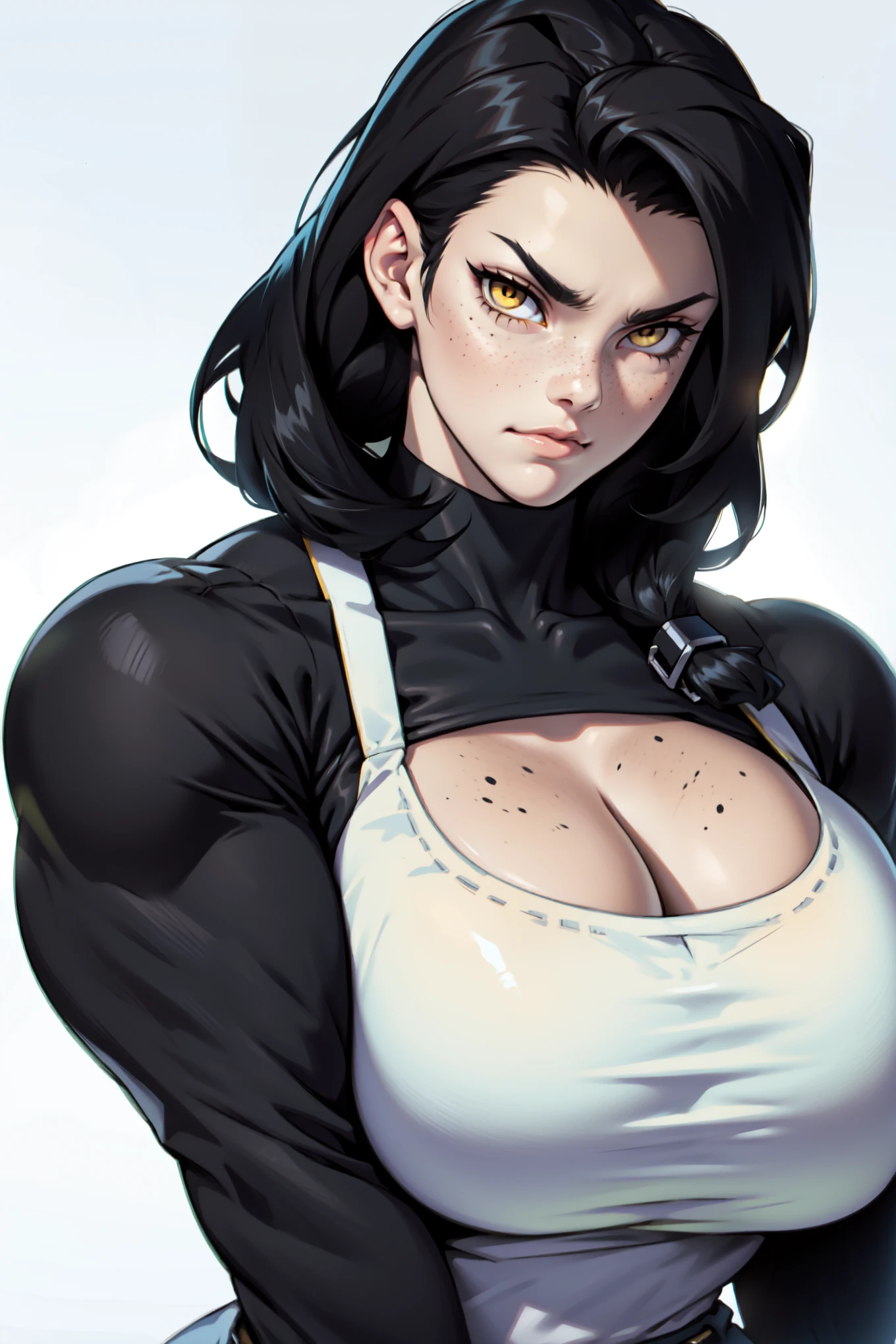 muscular girl huge breasts yellow eyes black hair pale skin smirk