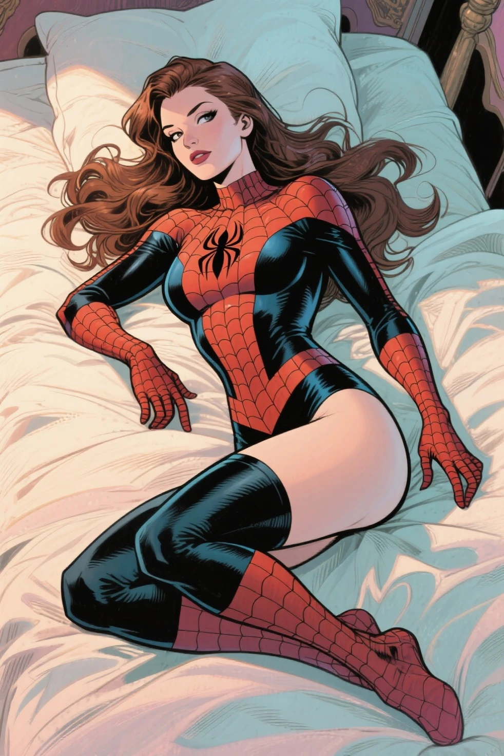 Jennifer Love Hewitt、Marvel Comics Movie Poster, Very beautiful, Movies about Spiderman, sexy, whole body, I'm wearing a skirt、Premiere date, Poster、belly buttonを突き出す、new york、She&#39;s wearing a torn Spider-Man suit,The suit is torn、Wearing a skirt、 Red and black color scheme,dynamic、masterpiece、highest quality、Ultra-detailed、Very detailed、A delicate and beautiful shine、超A high resolution、Cinematic,Break,Breakdrop,(Torn clothes:1.5), (Wet clothes:1.4), Bare shoulders,Real Rain,Wet Hair,belly button、Exposing Skin、Showing off her sexy shoulders