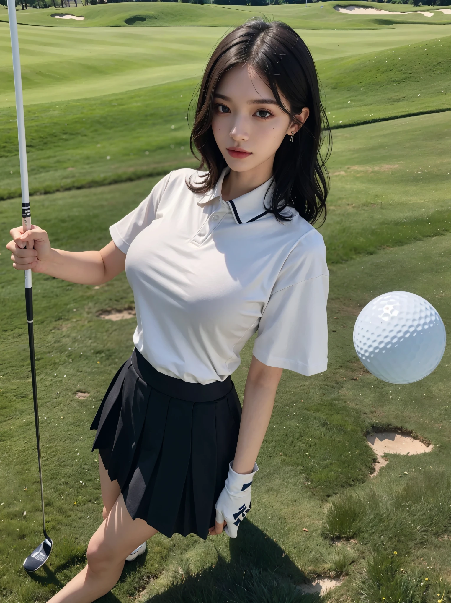 ((Best of the highest quality, 8k, Masterpiece, raw photo: 1.2)), (Sharp focus: 1.2), (1 AESPA, slim body type female, 21 y/o: 1.1), (Solo: 1.28), (realistic, photo-realistic:1.37), face focus, cute face, finely eyes, (droopy eyes: 1.32), (Emphasize prominent aegyo-sal with bright: 1.2), shimmering eyeshadow applied under the lower lash line, paired with thick, (small breasts, flat chest, Thigh: 1.3), (short messy hair: 1.28), (golf wear, skirt, sun visor: 1.32), walking Golf course, (skirt is rolled up by the wind, from below: 1.1)
