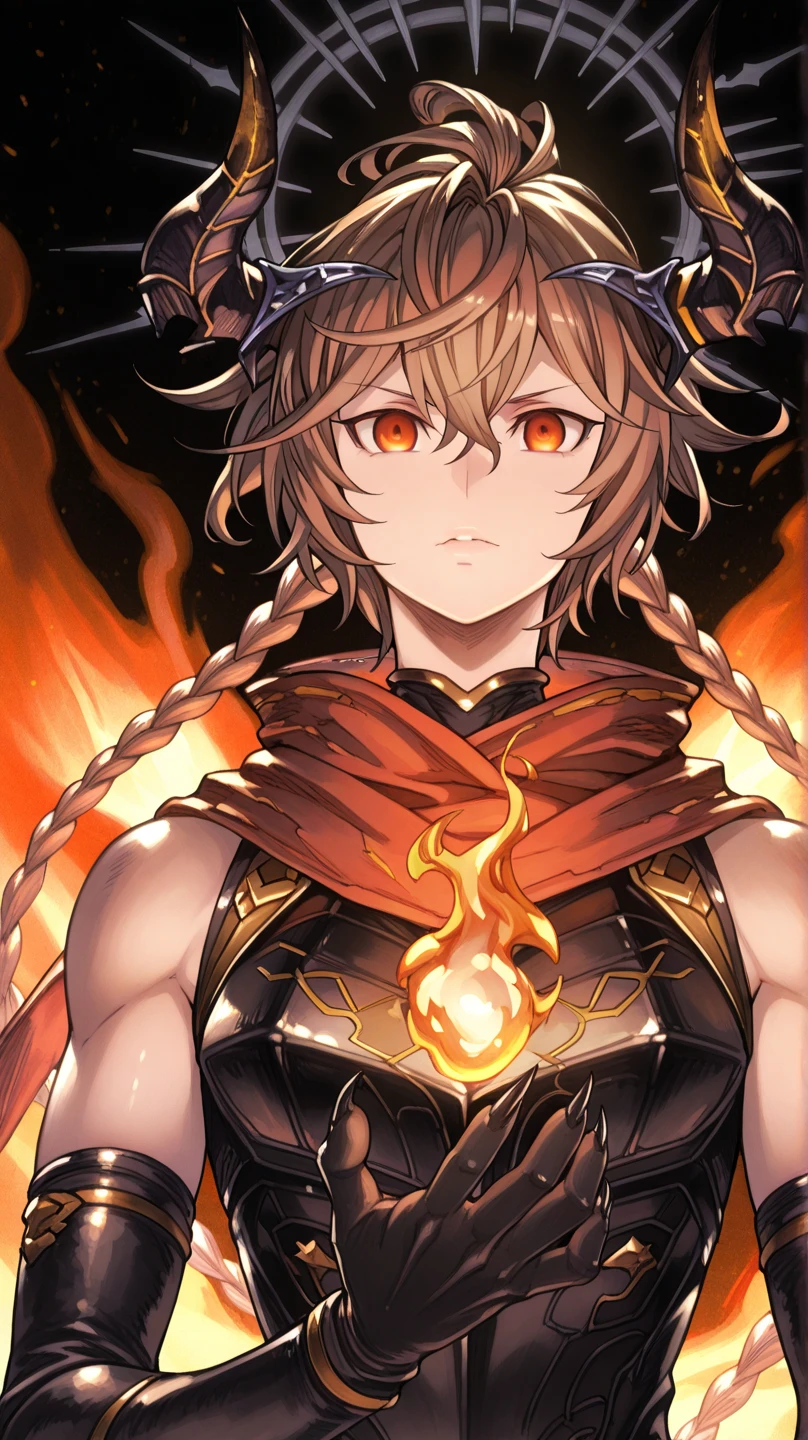 Alone, a man, facing the viewer, brown hair, hairstyle like Reed The Flame Shadow from arknights but with a long braid in his hair, face like sandalphon from Granblue Fantasy, eyes in the tone of red wine, long bangs, perfect anatomy, student, cosmic horns of Uzen Kyouka from Chained Soldier, Place a crown with a silmaril in the middle, cosmic tail with golden flame at the tip, eye horns the same color as the eyes, fierce face;

black tactical combat outfit like Lucifer/Lucio from Granblue Fantasy, long red scarf, exposed arms, black arms with silver spots, hands with claws, black hands with silver spots, black halo, cosmic tail with golden flame at the tip;

cosmic tail with golden flame at the tip. facing the viewer, cosmic tail with golden flame at the tip, face to face, black background;

Close to the face, looking at the character, looking at the viewer, face to face, confidence;

Pay attention to resolution colors, , maximum resolution;