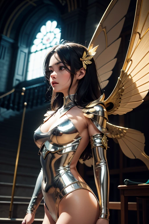(masterpiece), (best quality:1.4), absurdres, [:intricate details:0.2], angel, angel wings, naked waist, perfect body, small soft breasts, milky way, sky, shimmering aura, intense focus, crackling energy, mysterious symbols, sparkling motes