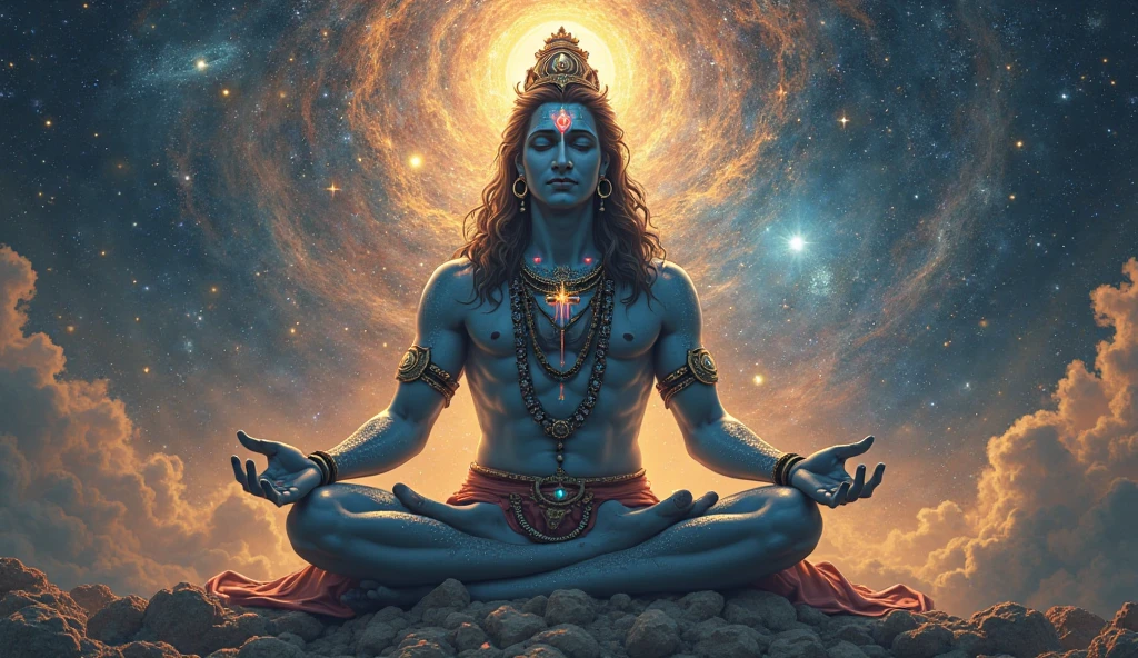 Lord Shiva and goddess Parvati meditation pose with cosmic energy