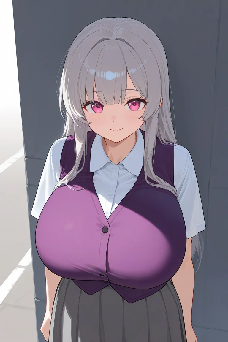 masterpiece, best quality, ultra highres, solo, (skinny body, thin body, narrow hip:1.3), narrow waist, skinny thighs, red eyes, sparkling pupils!, white hair, braid, hairclip, (gigantic sagging breasts, gigantic breasts:1.4), (school uniform, dress shirt, cardigan, pleated skirt:1.7), bow, classroom, cowboy shot, standing, (from above:0.7), bashful,