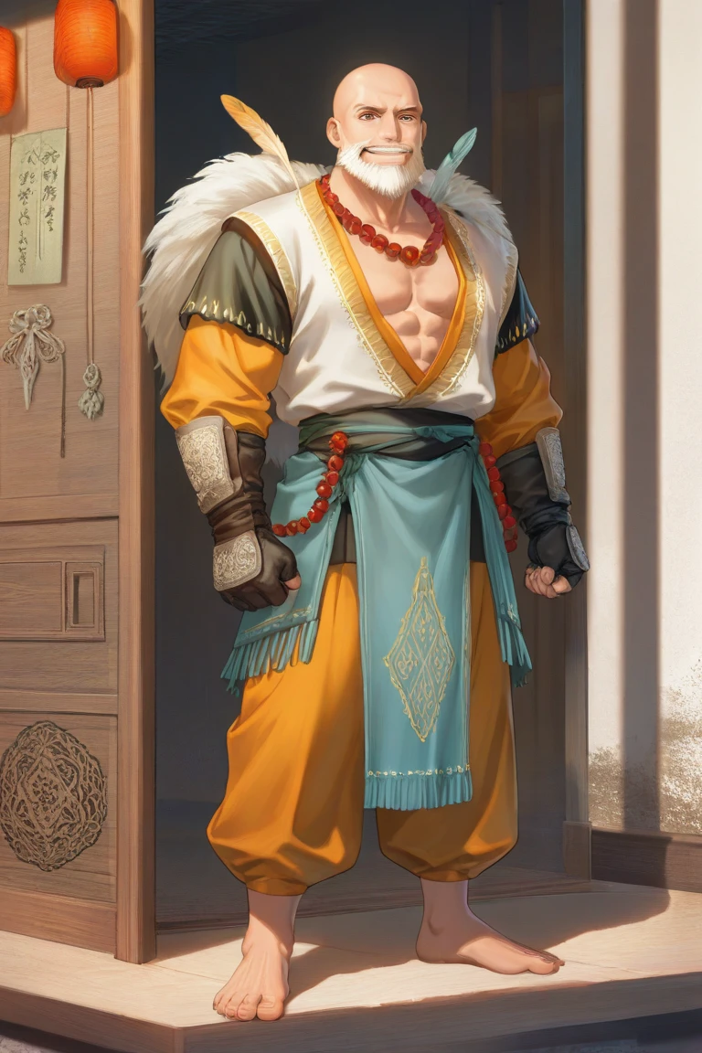 1 man, muscular, gay, young, 20 years old, sexy, chinese traditional sexy dress, hole in his chest, big chest, plump big juicy butt, teasing, flexing his chest, holding a red fan, tattoo, sexy pose, red carpet, Chinese architecture, blushing hard, smiling, surrounded by handsome old men, beautiful, man only, hd resolution, detailed face, slim body, furry shawl over the shoulders down to the hands, traditional chinese earrings, hugging an old man