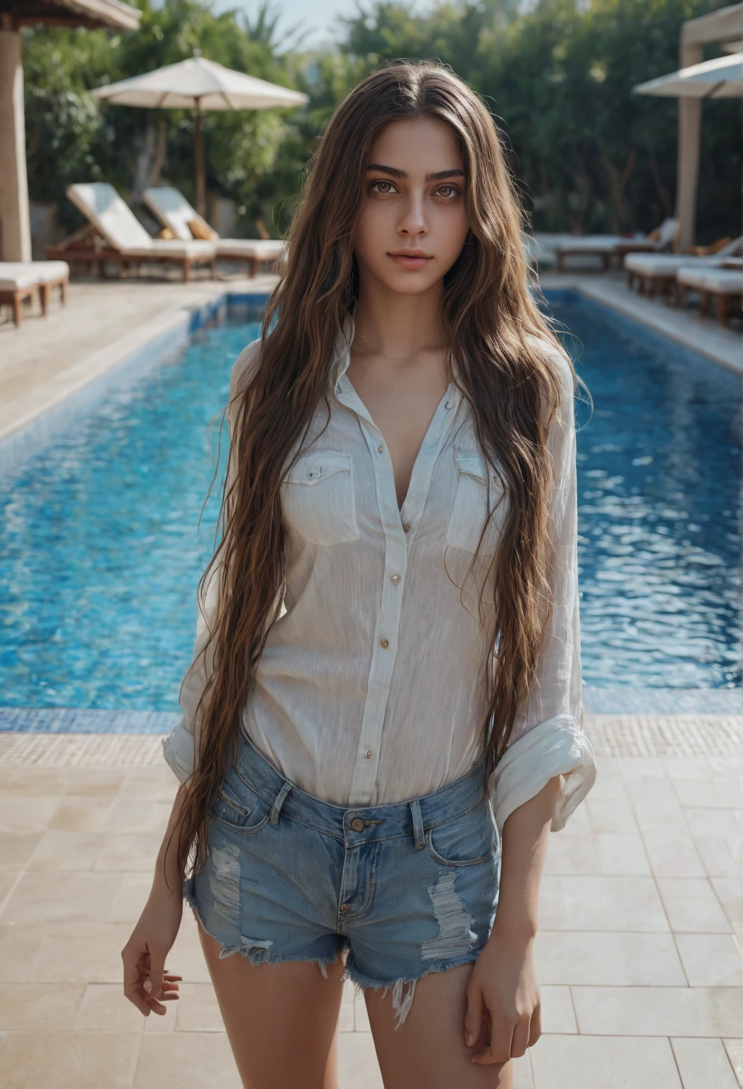 mais alta qualidade, A mais alta qualidade de imagem, Fotos RAW, Realista, fotorrealista, Ultra detalhado e bonito, detalhes mais altos, 1meninas, long hair blowing in the wind, Detalhes de um rosto muito bonito, Good looking, Sorria fracamente, Me encarando, Linda pele clara e brilho, Beautiful eyes are big and bright, Small mouth and thin lips, Bom estilo e esbelteza, (Lindos seios grandes:1.3), (Glossy Lips:1.1), (seios abertos na frente:1.3), (camisa aberta na frente:1.5), No underwear, pelos pubianos, (Cameltoe details), retrato de corpo inteiro, Super detalhe, alta qualidade, fundo crepuscular, Rodeado por belos pores do sol, Luxury deck of the ocean liner, mar, (vista de baixo:1.3)
