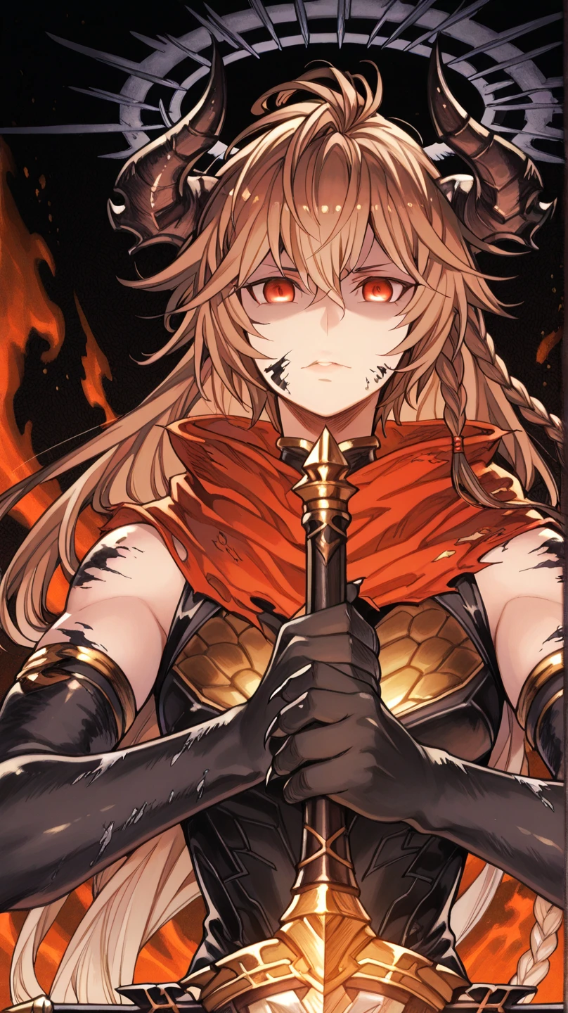Place a crown with a silmaril in the middle, Alone, a man, facing the viewer, brown hair, hairstyle like Reed The Flame Shadow from arknights but with a long braid in his hair, face like sandalphon from Granblue Fantasy, eyes in the tone of red wine, long bangs, perfect anatomy, student, black horns of Reed The Flame Shadow from arknights, eye horns the same color as the eyes, fierce face, provocative face;

black tactical combat outfit like Lucifer/Lucio from Granblue Fantasy, long red scarf, exposed arms, black arms with silver spots, hands with claws, black hands with silver spots, black halo;

facing the viewer, face to face, black background;

Holding a heavy sword (giant sword) Nian style from "arknights" (but a sword must be a heavy sword, greatsword), gold details on the sword, giant sword design, white blade physics icon;

Close to the face, looking at the character, looking at the viewer, face to face, confidence;

Pay attention to resolution colors, , maximum resolution;