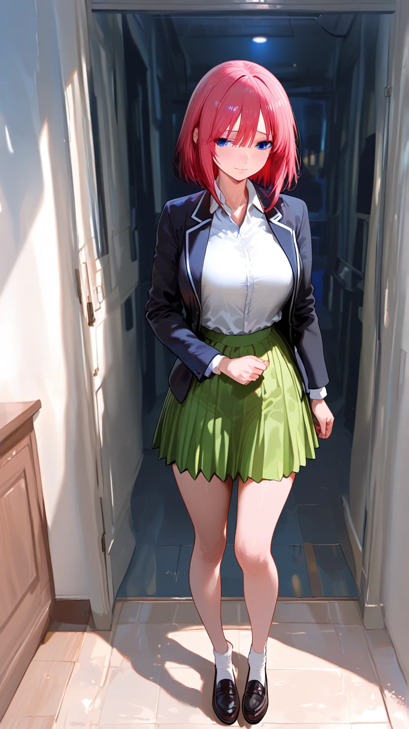 masterpiece, best quality, highres, nn1, 1girl, hair ribbon, short hair, large breasts, cleavage, green skirt, white shirt, collared shirt, open clothes, black thighhighs, short sleeves, arms behind head, annoyed, blush, full body, standing,