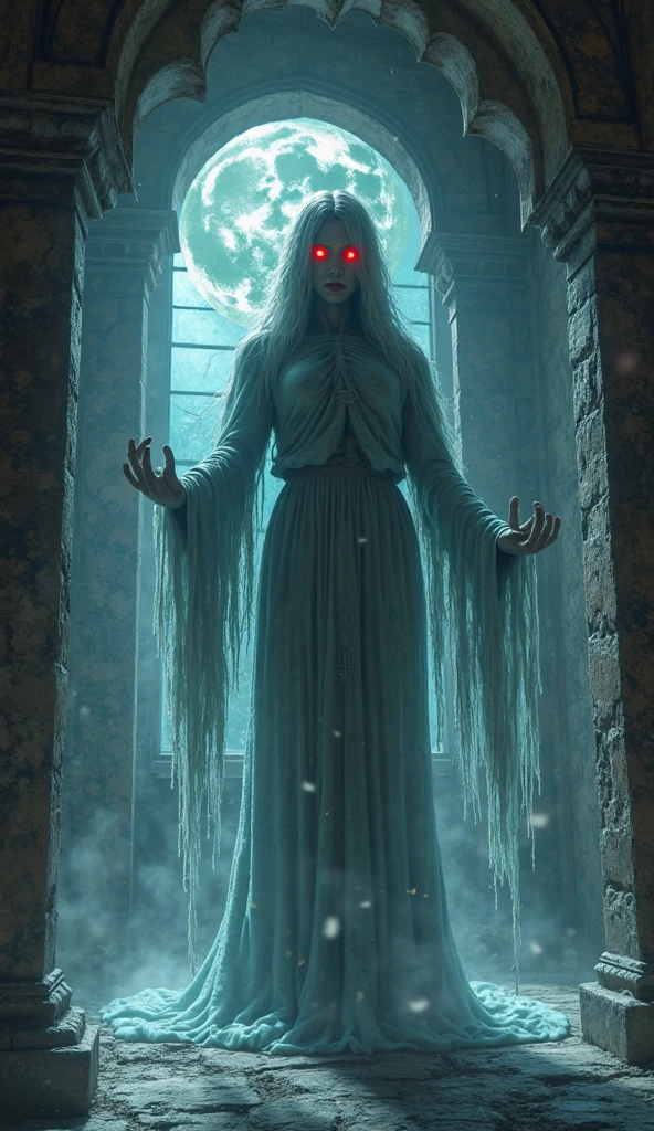 (medium full shot , straight on) of a ghost, ethereal figure, transparent fading body, fading hands, glowing green eyes, bluish skin, wreathed in fog, completely transparent with an unsettling vibe, melancholic mournful, with a flowing cape, encountering a monster, located in a horrifying scene at a creepy warehouse during dusk with thunderstorm weather, illuminated by dim light, creating a dreadful horrifying atmosphere, detailed face, ,Masterpiece,best quality, photo, realistic, very aesthetic