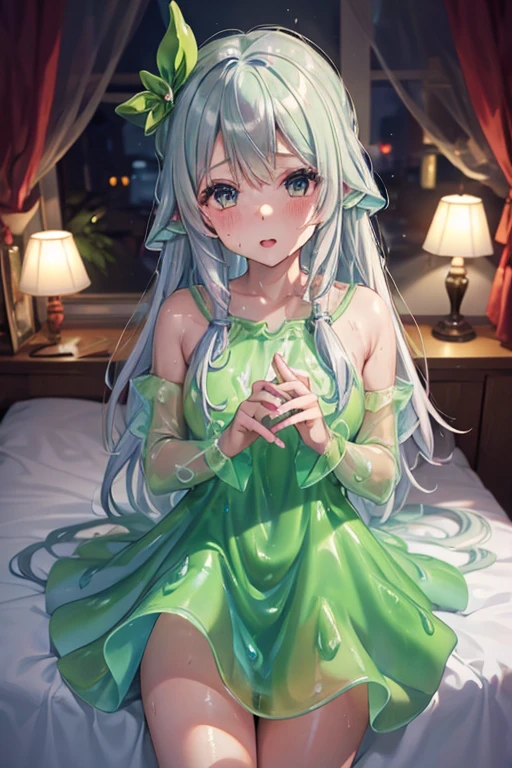 1 girl，Best quality, tmasterpiece, Long green hair, beautiful,detailed eyes, HD, extremely detailed, Visually inspect the audience, (green eyes:1.3), (solo:1.1), tongue，tongue out, The face is slightly red，is shy，full bodyesbian，adorable，Lori small breasts cleavage，white dresses，(sitting on his knees on the bed:1.4),