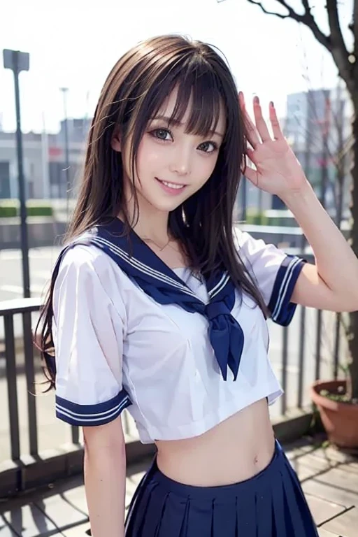 photo realistic, masterpiece, best quality, (highly detailed skin:1.3), (extremely detailed eyes and face:1.3), absurdres, 8k resolution, from front, (from below, low angle), looking at viewer, 1 japanese girl, 18yo, (cute:1.6), (actress:1.8), (laugh:1.2), (round face1.1), wide forehead, (big eyes:1.4), (long eyelashes:1.3), (full body:1.3), brown hair, huge breasts, high school uniform, (sailor suit:1.2), (cleavage:1.1), navel exposed:0.5, ((dark blue)pleated skirt), (panty drop:1.2), (standing an empty alley:1.2),