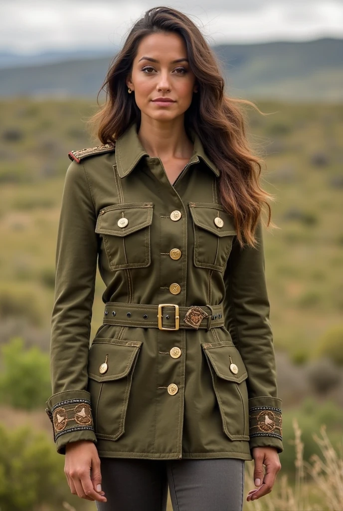 Pretty 30-year-old girl of European appearance; brown thick hair to the shoulder blades; Large dark brown eyes, long eyelashes; eyeglasses(Realistic brilliance); Energetic, Satisfied, Smooth natural tan; In a sturdy denim jumpsuit with long sleeves, with patch pockets, Wide leather strap, high orthopedic lace-up boots, An imposing bulky backpack for traveling on the back; strong wind, Bright maple leaves fly, hair fluttering in the wind, Nature of Kamchatka, Mountainous terrain, Mid-autumn; Full-length photo from afar; early morning, oblique rays of the sun; Realistic texture of human skin, Anatomical realism(Ultra-realistic human skin texture, natural folds, wrinkles, Natural shine), Ultra-realistic fabric textures, Realistic wild untouched nature;, Professional photography with a high-resolution film SLR camera with sensitive color reproduction