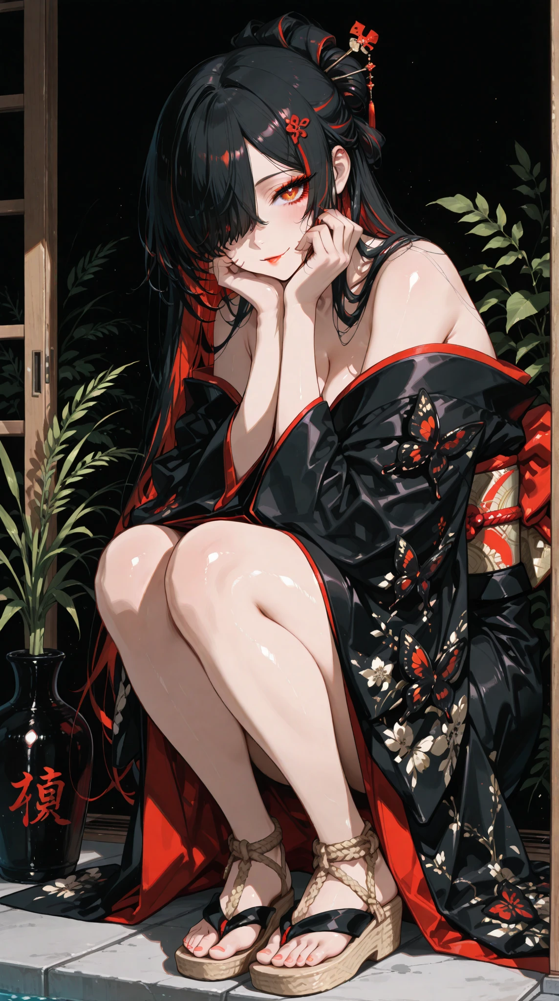 16k, UHD, Best quality, Hyperrealistic, Erika from pokemon, short yellow kimono with red flower pattern, large boobs, belly button piercing, beautiful girl, exposed torso, laying on side under a tree, black hair bob-cut style, red flower in hair