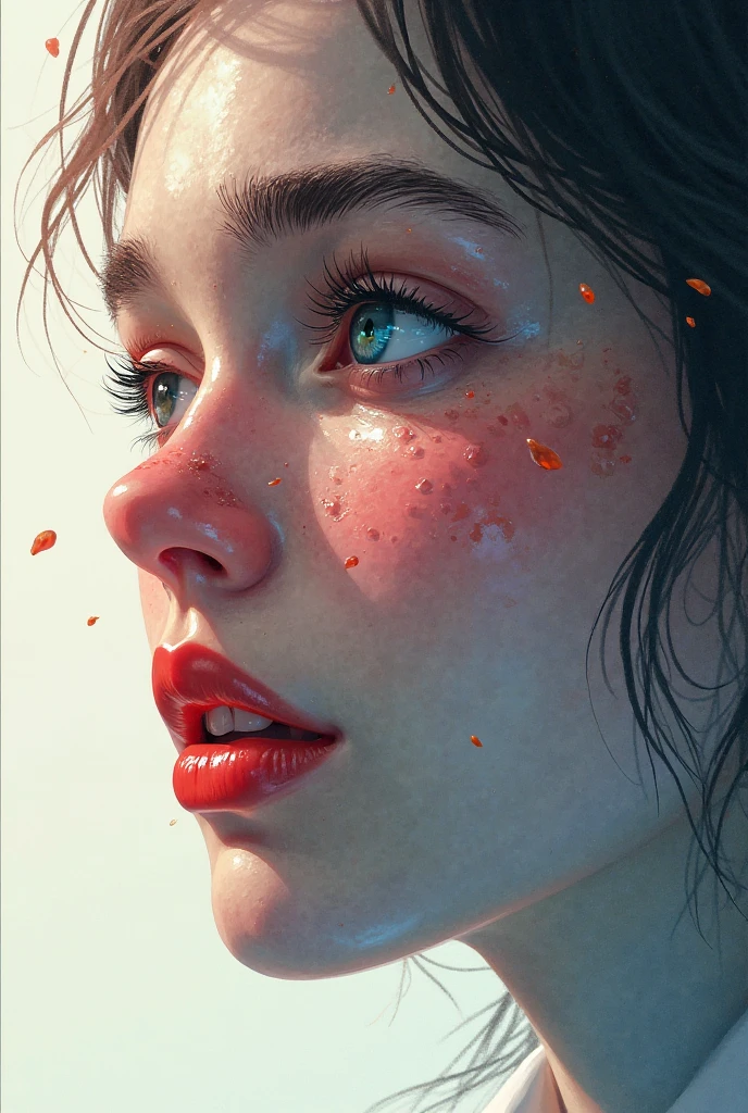 Head up, Close mouth, lips in kissing position , close eyes, face focus, wet skin, redhead, red hair, freckles, European youth, (detailed face:1.2), fashion photorealism, photography, sharpness, unique 850 4, koda850 k portrait camera, f1.6 lens, rich color, hyperrealistic texture, spectacular light texture, surreal art, Cinestil 800 fashion mechanism,