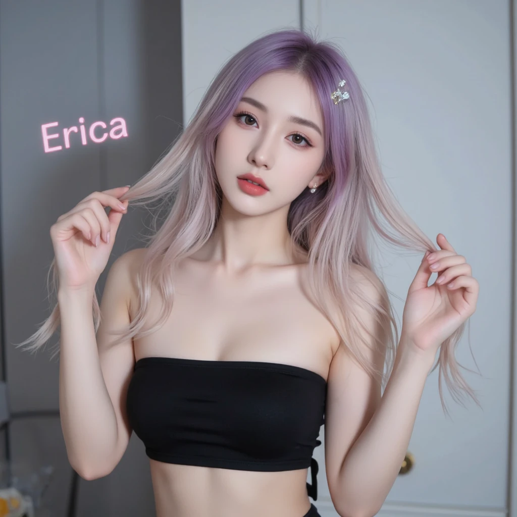 Hyperrealistic art cute girl, beautiful, skinny, muscular, asian, doll, aged down, medium breast, pale skin, vlh, long_hair, white top, shorts, purple hair <lora:veryLongHair:0.5> . Extremely high-resolution details, photographic, realism pushed to extreme, fine texture, incredibly lifelike