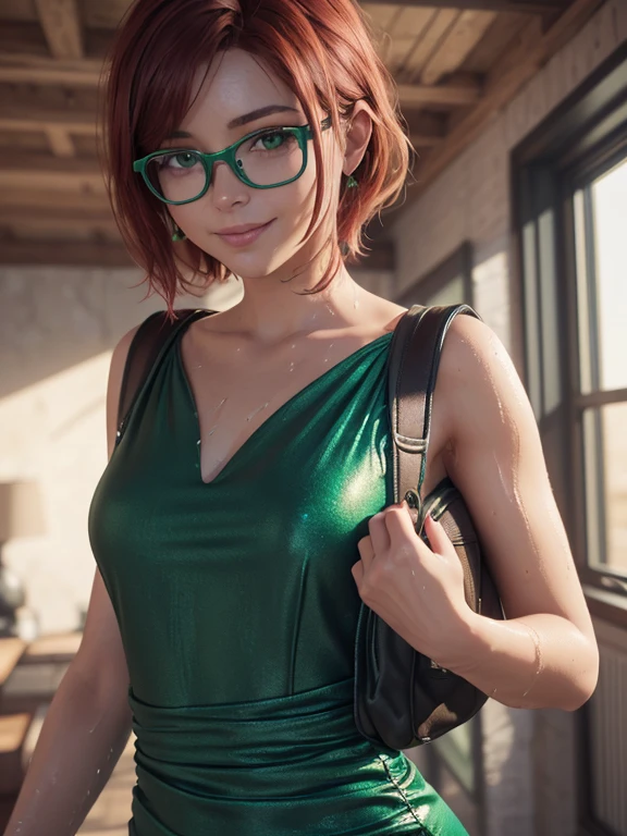 Short , Red hair, green eyes, green button down shirt dress, metal frame glasses, smiling girl sitting on round pouf. (masterpiece, top quality, Best quality, official art, beautiful and aesthetically pleasing:1.2), extremely detailed,(fractal art:1.2),colorful,The most detailed, (Many colors:1.4). ((split. skin texture, Shiny skin. elegance. photorealism. unreal engine. 3D model. Ultra high quality textures. high detail. permission 8k))