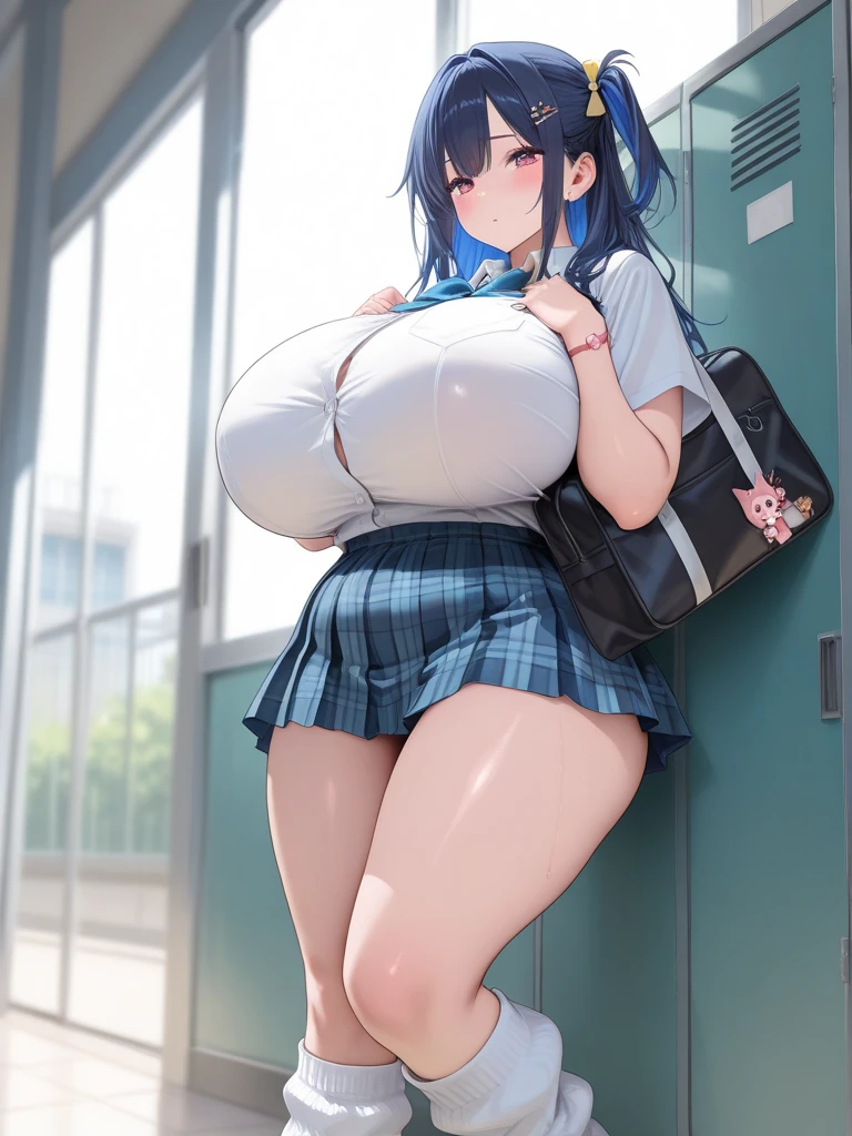 Masterpiece, best quality, official art, 8k wallpaper, very detailed, illustration, 1girl, grinning, black hair with blue highlights, light blue highlights in hair, blue highlights, wide hips, (huge breasts), sailor top, backpack, standing, (view from behind), bratty, inside train, bratty girl, teasing, (by asanagi), underboob, upskirt view, skirt, ((vibrator)), (pussy juice), (vibrator cord), (vibrator in thighhighs), remote control vibrator, (vibrator under panties), sweat, blush,