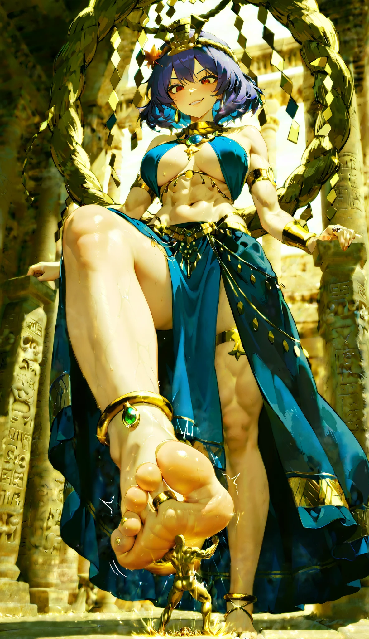 Giantess Yasaka Kanako (Touhou Project), reimagined as a towering Egyptian-style belly dancer goddess. With unmatched grace and control, she grabs a tiny man by the neck using only her bare toes, lifting him effortlessly off the ground like a ragdoll, his limbs dangling helplessly.
Focus on her massive bare foot, toes perfectly shaped and polished in gold, gripping the fragile body of the tiny between her big toe and second toe, pinched at the neck. His expression shows terror and helplessness, legs swinging, barely able to breathe.
Kanako’s height is colossal, towering hundreds of times taller than the tiny — the size contrast is exaggerated: the man looks no larger than a doll, easily manipulated and restrained by just two of her toes.
Her feet are flawless in anatomy: soft, smooth sole, clean arches, powerful toes with subtle muscle tension. The toering on her second toe sparkles, and gold anklets adorn her ankle.
She wears Egyptian-inspired dancer attire: golden top with falcon and lotus patterns, sheer decorated skirt, belly chains, navel gem. Her headpiece is a pharaoh-style tiara veil with serpent motifs and lapis gemstones.
Kanako’s expression: playful and cruel, lips slightly parted in a smirk, watching the tiny man struggle while she casually flexes her toes, tightening her grip just enough to make him suffer.
Setting: grand sandstone temple with hieroglyphic pillars, golden light casting shadows under her foot. The air carries a divine, dangerous stillness as she toys with him like a living plaything.
Tags: giantess, macrofetish, toe grip, foot domination, toe hold, tiny man, ragdoll scale, sensual cruelty, Egyptian goddess dancer, barefoot, toe ring, foot fetish, Yasaka Kanako alt-design, NSFW, domination, powerful toes, size difference, soft sadism, neck grip, crushing tension, macro