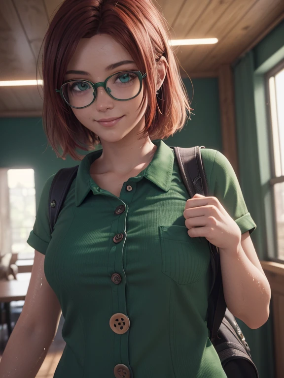 masterpiece, best quality, 1girl, (strawberry blonde hair, messy french braids), (thick-framed pink glasses), wearing a red exercise track top and bottoms, (deep cleavage:1.3), (breasts squeezed together:1.3) (uplift tits bulging:1.3), (dark areola rim:1), in empty school classroom, annoyed face <lora:BlowjobSelfies:1>, blowjobselfies, (clothes lift:1.4), blush,