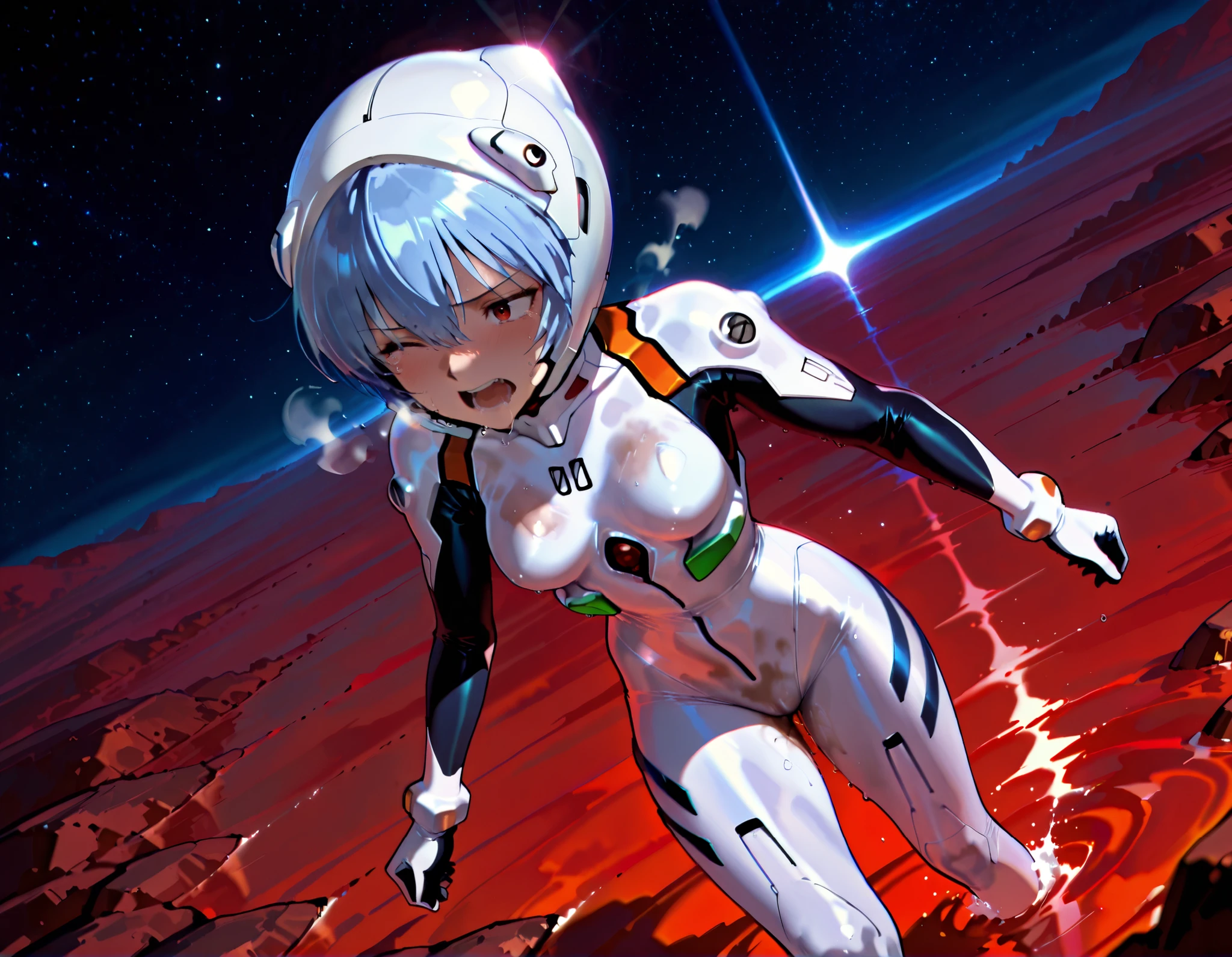 solo,super detail eyes, perfect face, Best Quality, extremely detailed face, perfect lighting, extremely detailed CG, perfect hands perfect anatomy, evangelion art style, White plugsuit, skintight, tight fit, small breast, Rei Ayanami, red eyes, blue hair, Short hair, cute face, lovely face, white-skinned pretty girl, Short stature,Mass sweat,covered in sweat,steam, wet_skin, sweatdrop, A huge amount of tears, I even have a runny nose, Drooling, Sweating profusely, Wrapped in steam, Tired look, bleary eyes, Open your mouth, Half-closed eyes,rough breathing, Heavy Breathing, wince expression,struggling for breath, walking, , wading, muddy swamp, dirty costume, wet crotch, (eva helmet,full face helmet, White helmet,glass helmet, face visible through helmet, space helmet, PLUGSUIT HELMET:1.1), ,