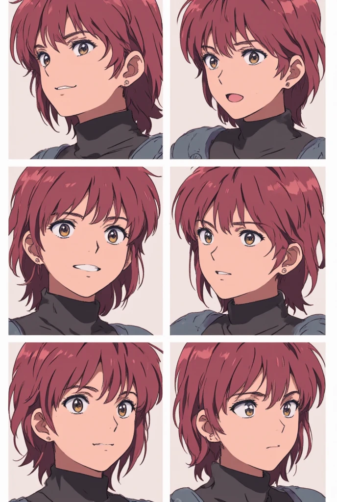 Best quality, high resolution, unity 8k wallpaper, extremely detailed face, perfect lighting, extremely detailed CG, (perfect hands, perfect anatomy), high Quality, 8K ultra HD, stunning rendition of a "character sheet" with six equal sized separate panels of an original cyberpunk street samurai female anime character with shoulder length dark reddish brown hair, golden eyes, pretty expressive eyes, showing many different emotional expressions and body language, pose: joyously happy, deeply sad, quietly moody, slightly worried, laughing maniacally, bitterly angry. None of the faces should be outside of the frame. All images should be in their respective frame.  No tattoos.  No body art.
