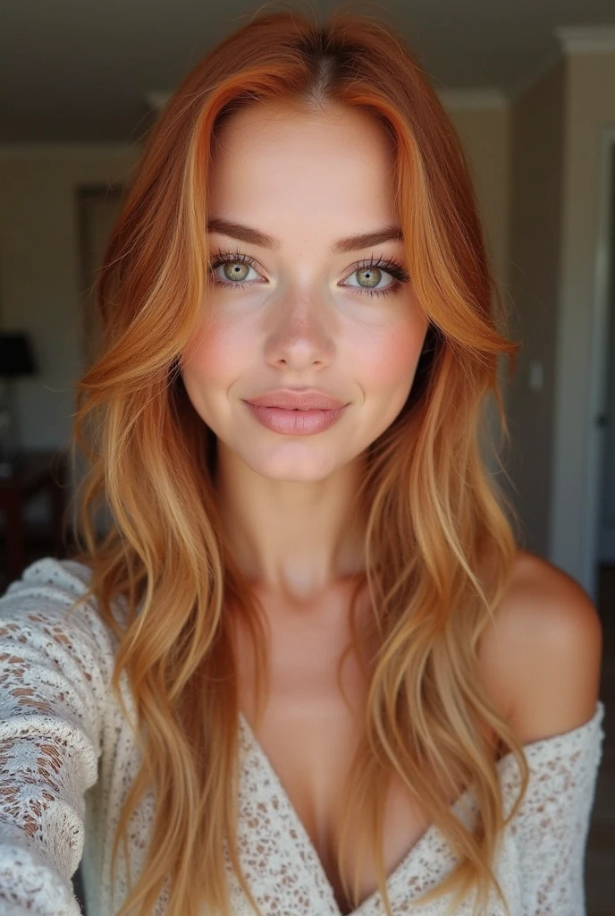 redhead american model with brown eyes lying down