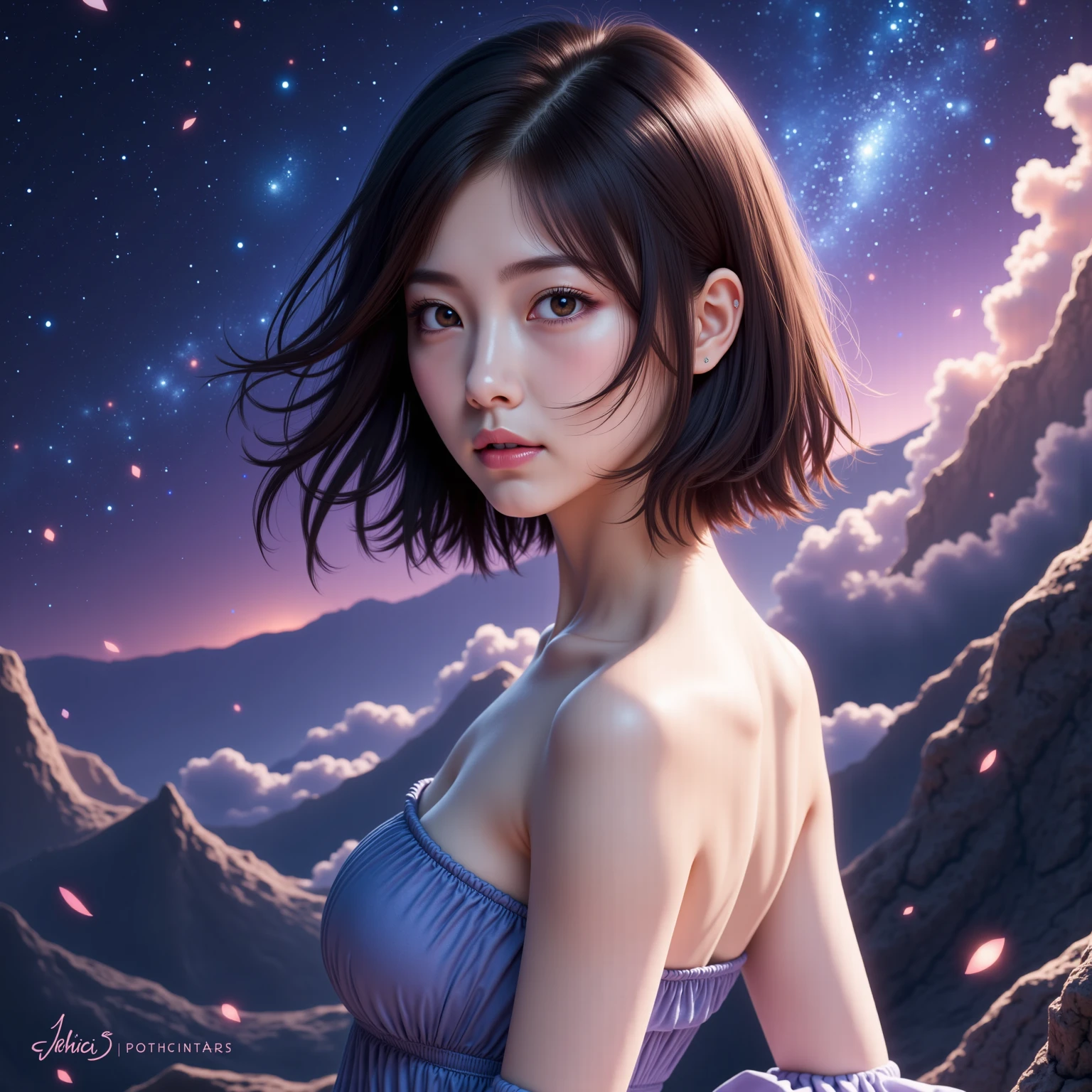 geographic magazine、title、scoop、A Goddess Bigger Than a Small Earth、Neat、Pure white long dress、Hold the Earth in your hand and bring it close to your mouth、to kiss、universe space、Sexy pose、Small breasts、Realistic、Magazine Cover、anime、リアルanimeスタイル、short hair、Black Hair、Cute woman、Beauty、model、Portrait、Steamy、steam、Japanese、Milky Way、nebula、Mars、Saturn、moon、Spectacular atmosphere、animeキャラクターのポスター