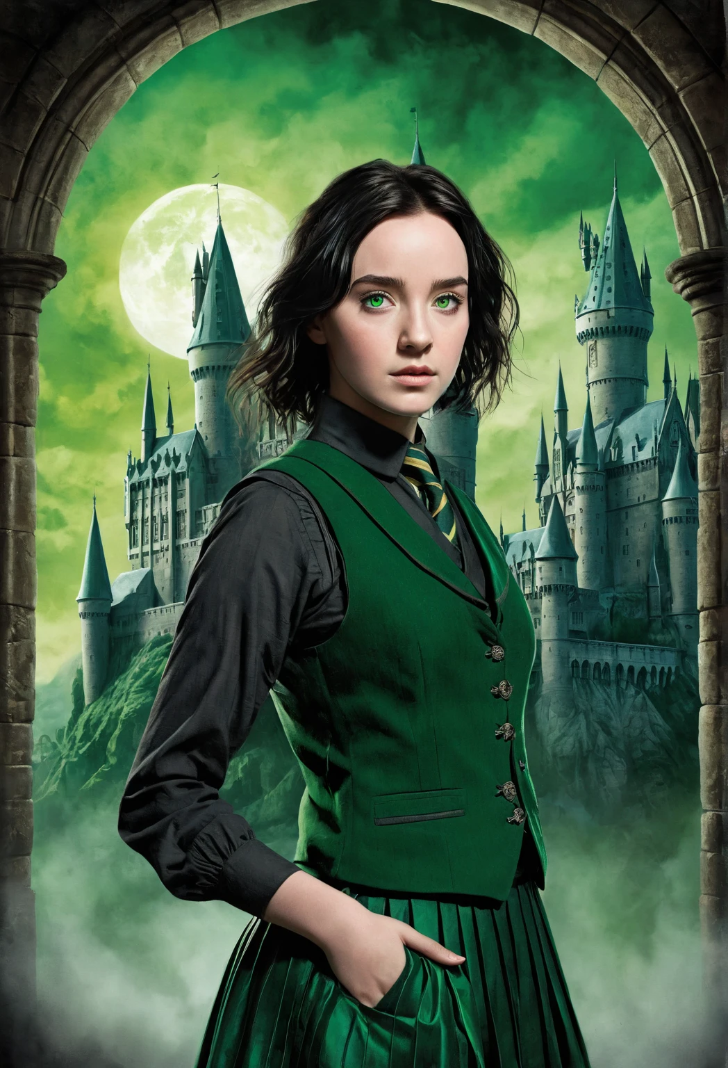 cute, small, short, flat, masterpiece, detailed, high quality, absurdres,  young witch, hija severus snape y lily evans , 1girl, solo, evil grin, curvy, military, military uniform, pussy peak, no panties