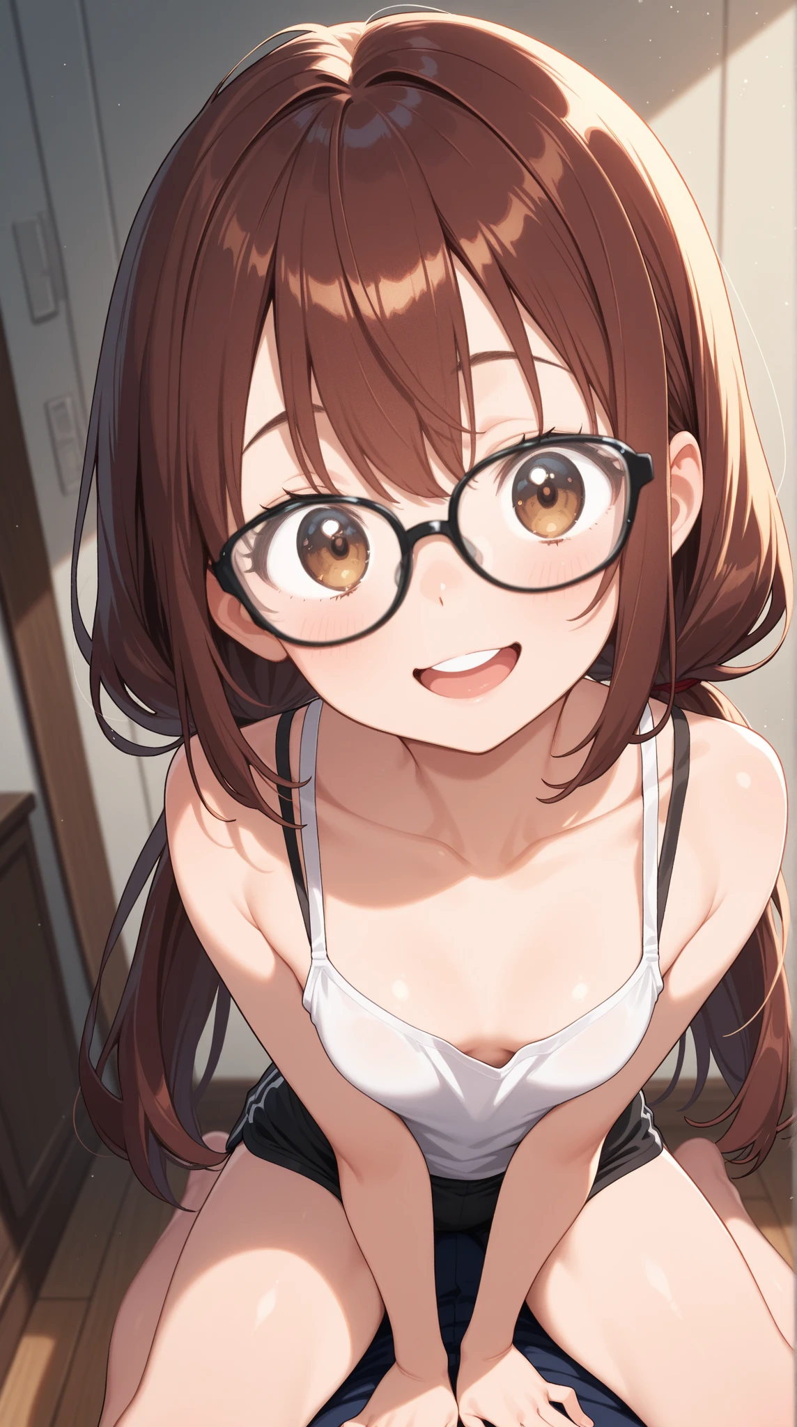 Mie Ai、1 girl、Wavy hair、glasses、small 、he is short、、High resolution、highest quality、detailed face、detailed eyes、(((pantie,,looking viewer,cowboy shot