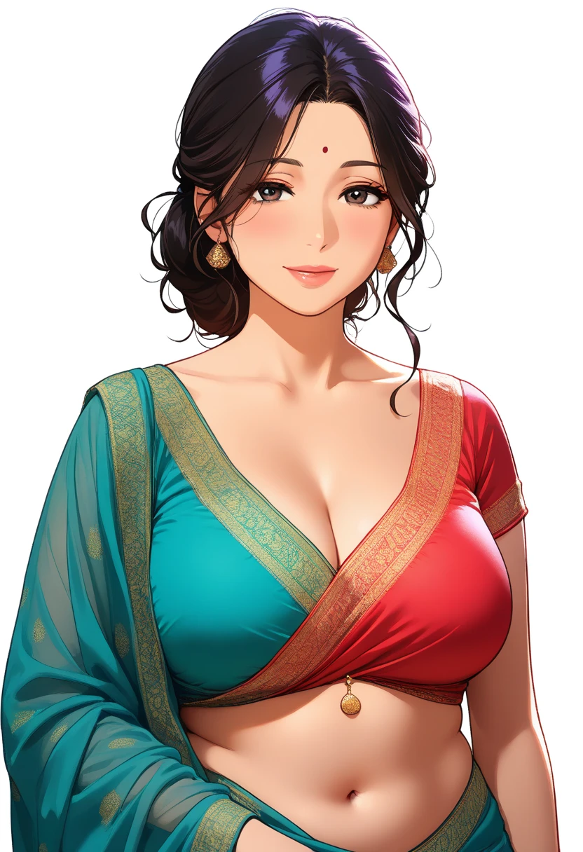 ((1woman, mature,single hair braid,saree, big long jhumka earrings , detailed alluring eyes, smooth detailed lips, beautiful face, smiling ,red lipstick ,navel,bangles,blue ribbon, cleavage